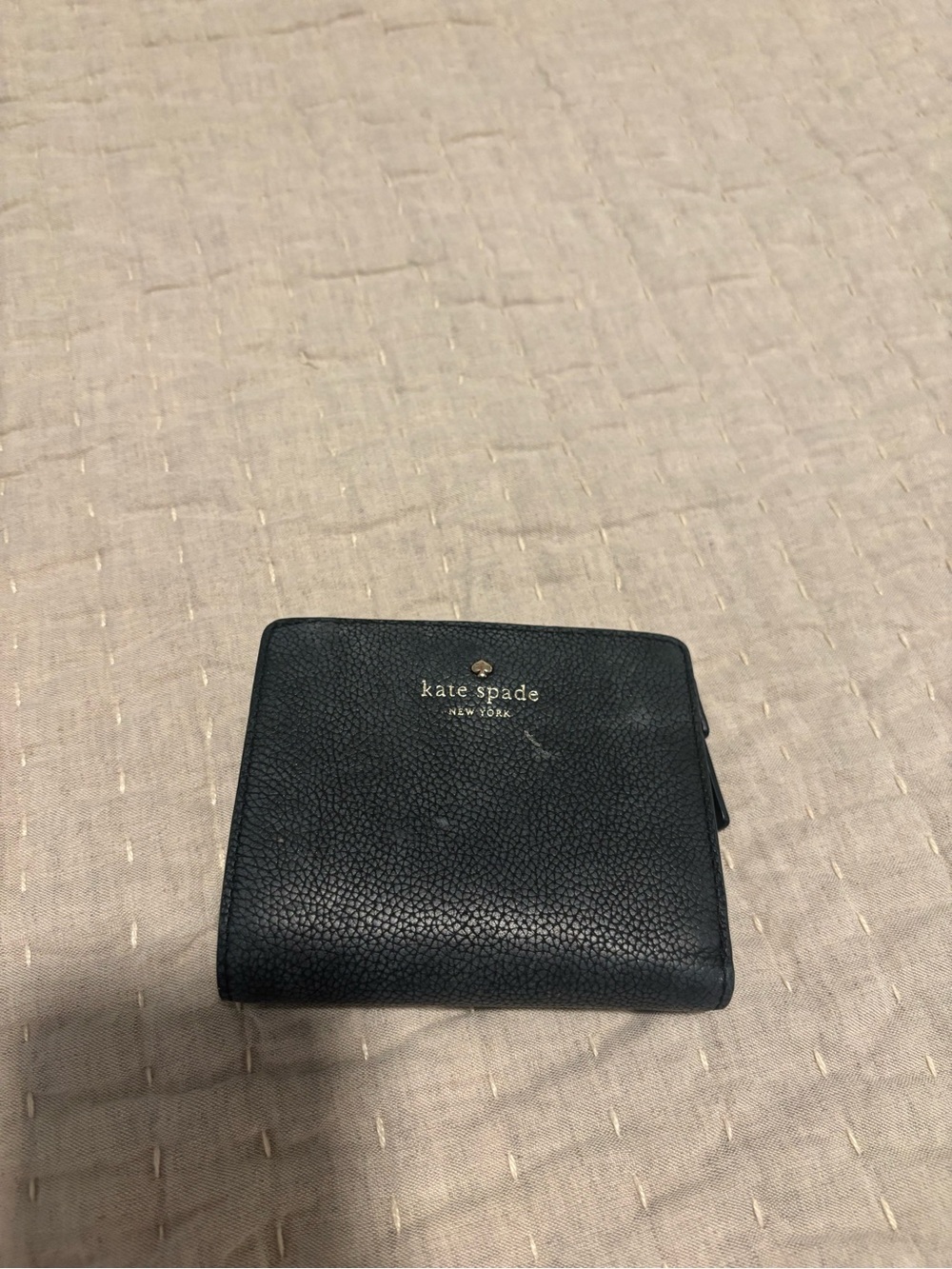 kate spade Black Pebbled Leather Compact Wallet with Gold Logo